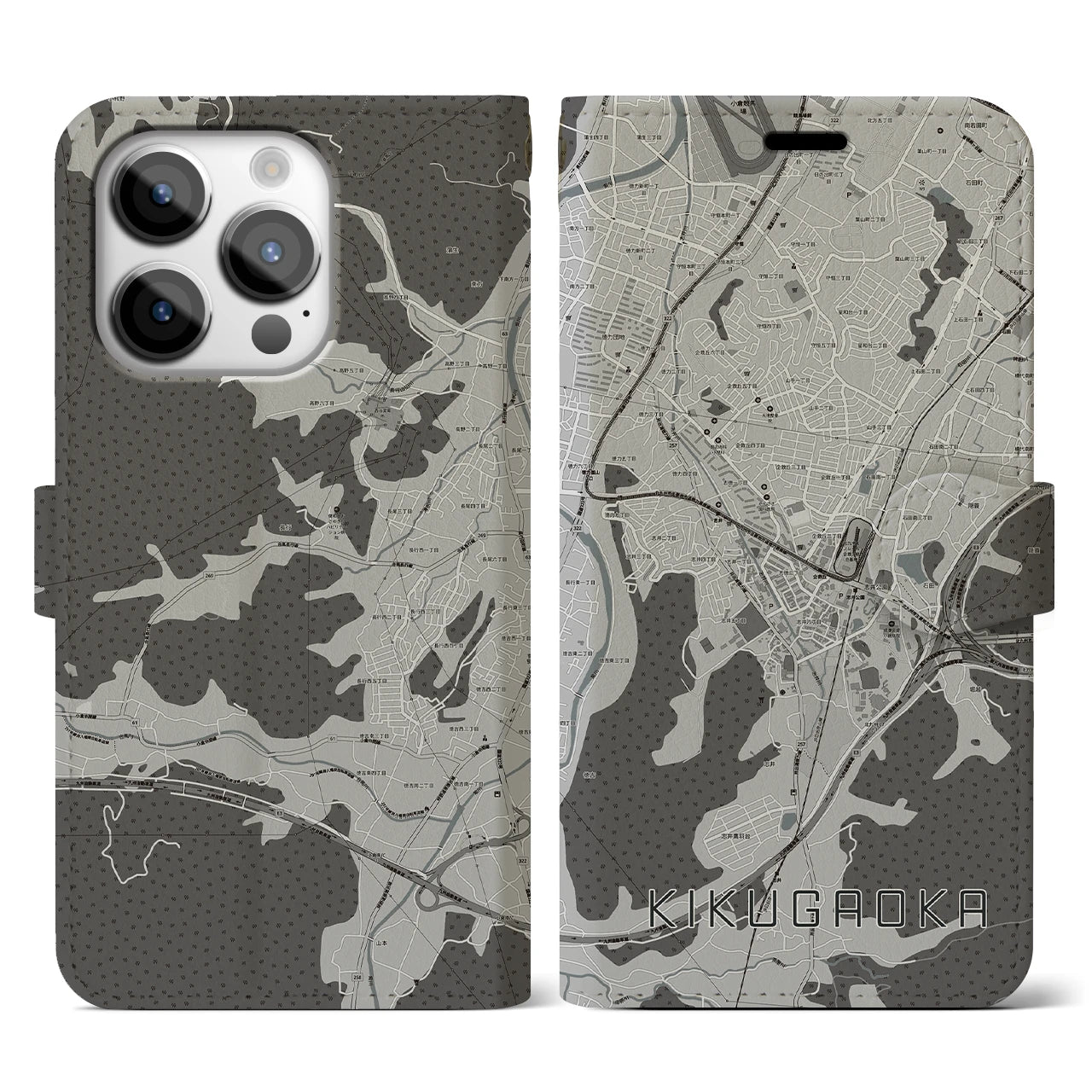 【企救丘(福岡県)】地図柄iPhoneケース(手帳タイプ)モノトーン・iPhone 14 Pro 用