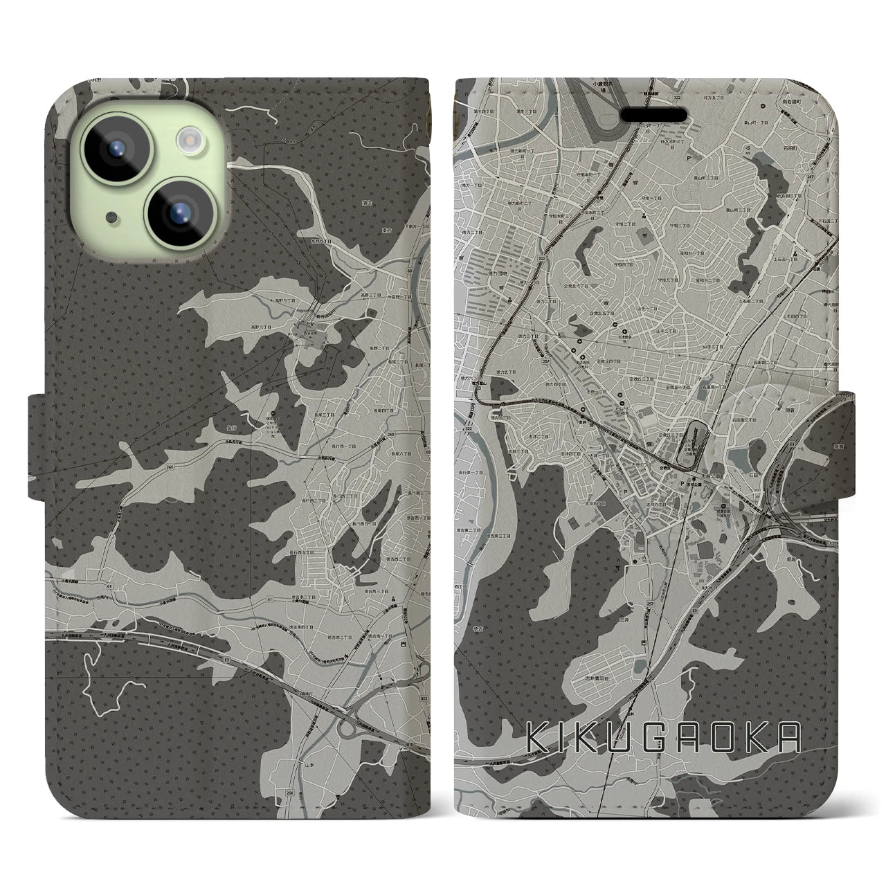 【企救丘(福岡県)】地図柄iPhoneケース(手帳タイプ)モノトーン・iPhone 15 用