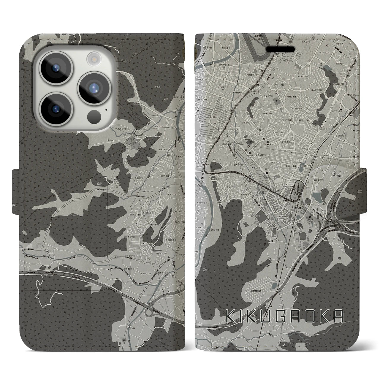 【企救丘(福岡県)】地図柄iPhoneケース(手帳タイプ)モノトーン・iPhone 15 Pro 用