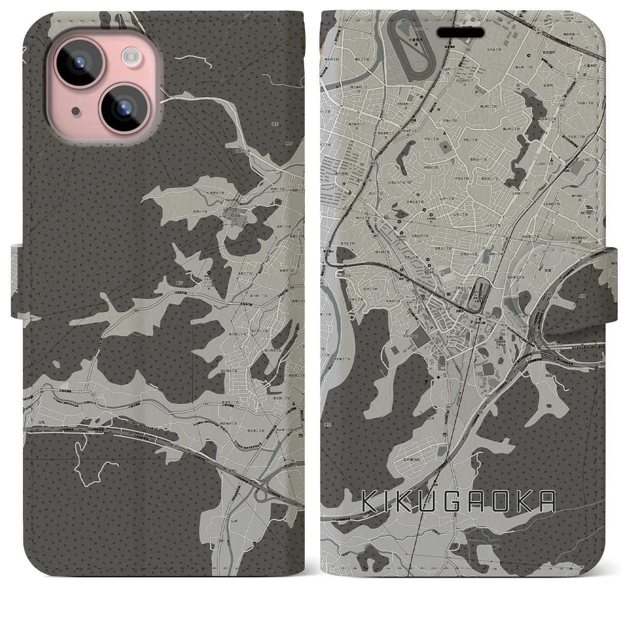 【企救丘(福岡県)】地図柄iPhoneケース(手帳タイプ)モノトーン・iPhone 15 Plus 用