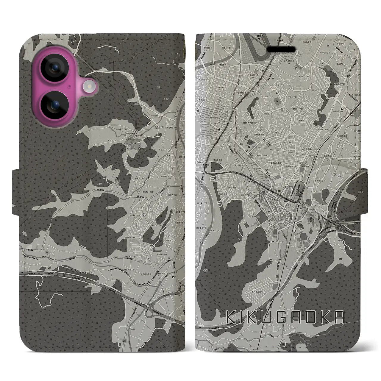 【企救丘(福岡県)】地図柄iPhoneケース(手帳タイプ)モノトーン・iPhone 16 Pro 用