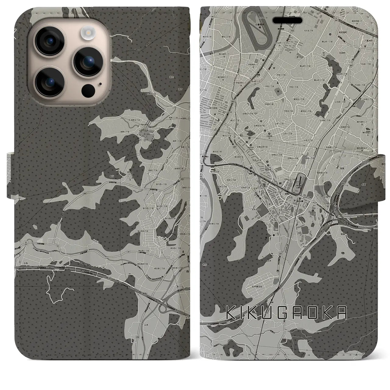 【企救丘(福岡県)】地図柄iPhoneケース(手帳タイプ)モノトーン・iPhone 16 Plus 用