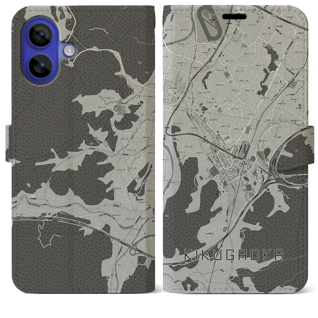 【企救丘(福岡県)】地図柄iPhoneケース(手帳タイプ)モノトーン・iPhone 16 Pro Max 用