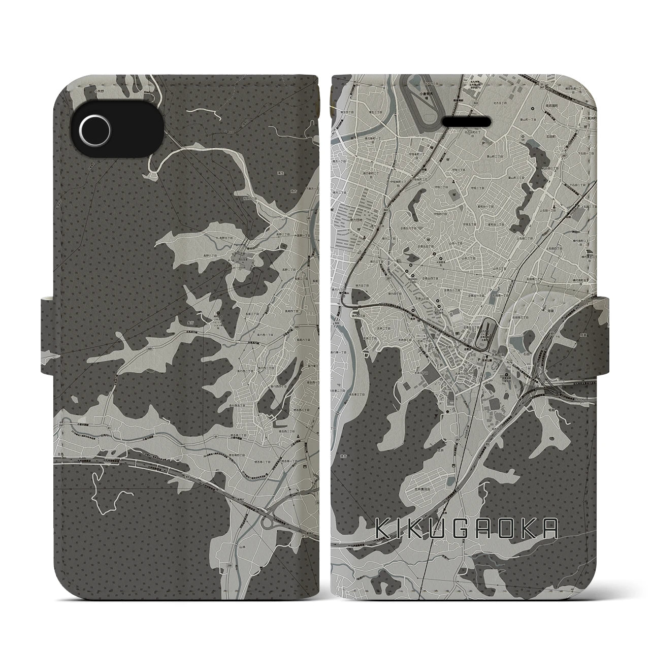 【企救丘(福岡県)】地図柄iPhoneケース(手帳タイプ)モノトーン・iPhone SE(第3 / 第2世代) / 8 / 7 / 6s / 6 用