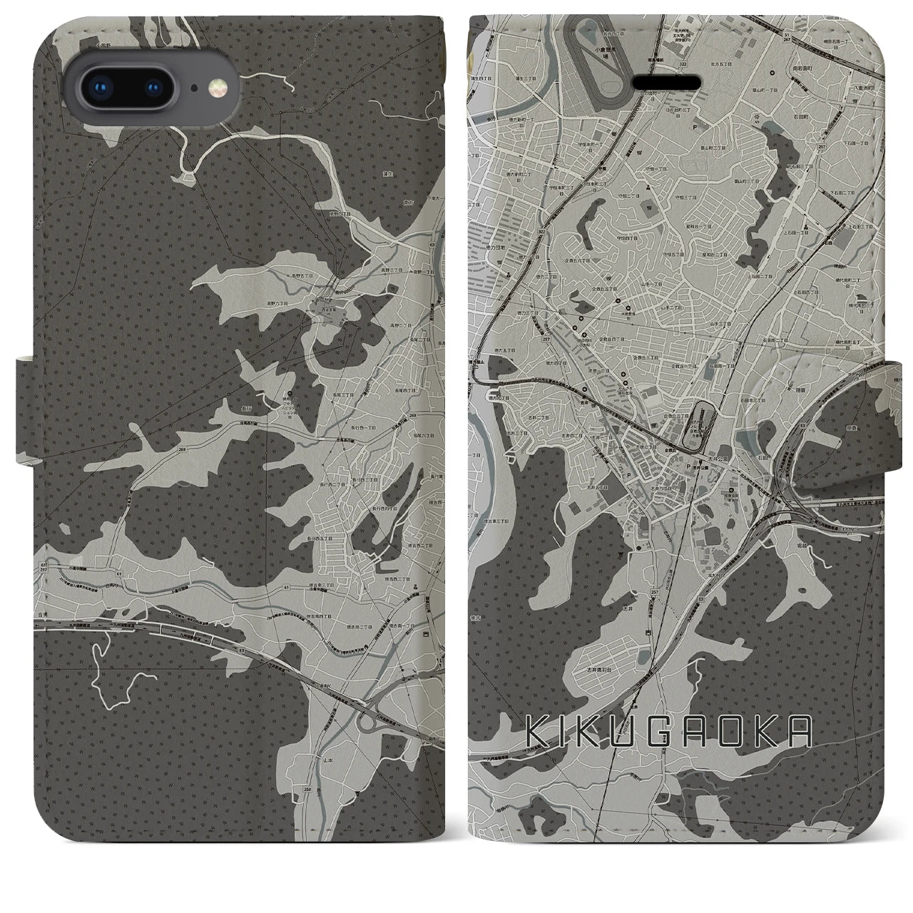【企救丘(福岡県)】地図柄iPhoneケース(手帳タイプ)モノトーン・iPhone 8Plus /7Plus / 6sPlus / 6Plus 用