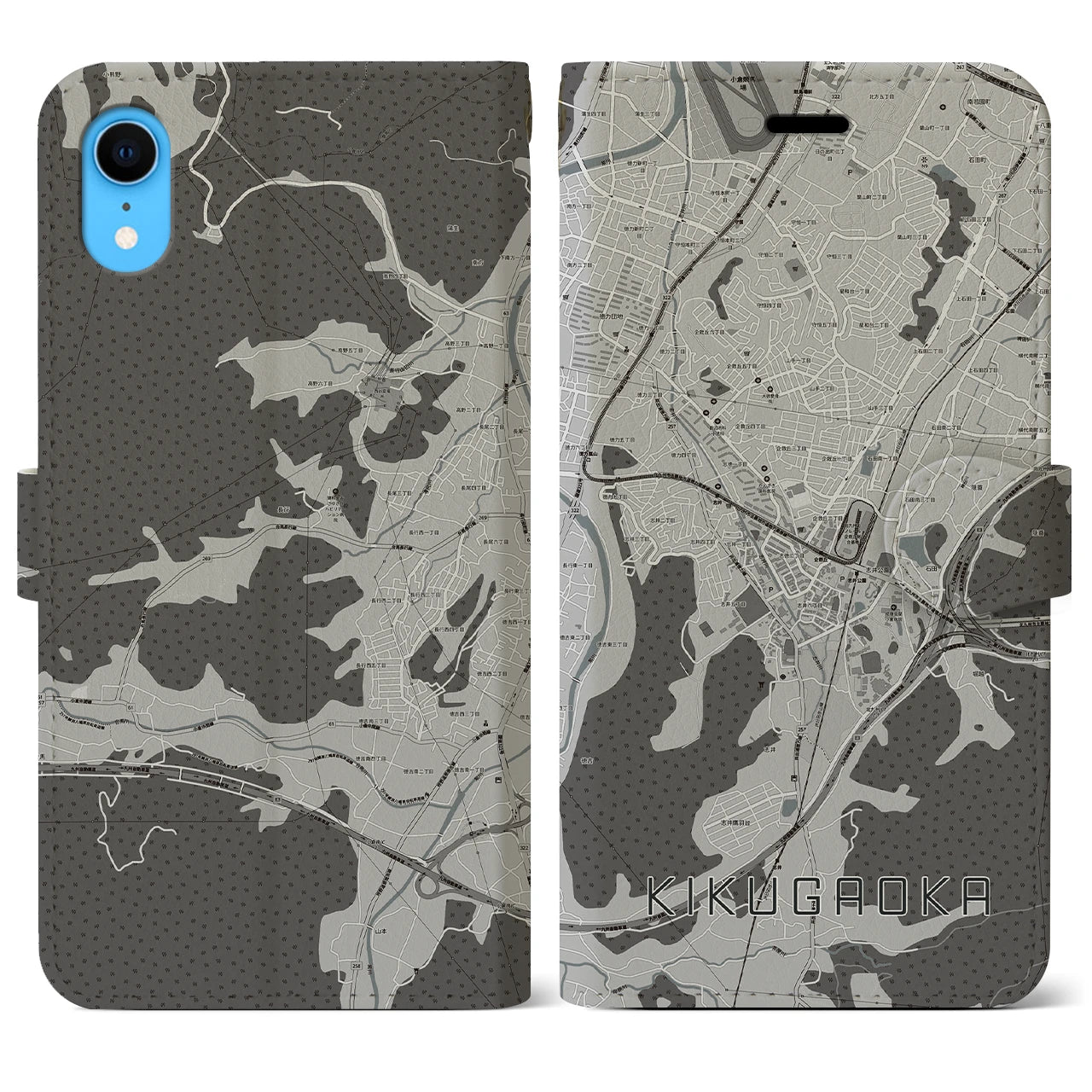【企救丘(福岡県)】地図柄iPhoneケース(手帳タイプ)モノトーン・iPhone XR 用