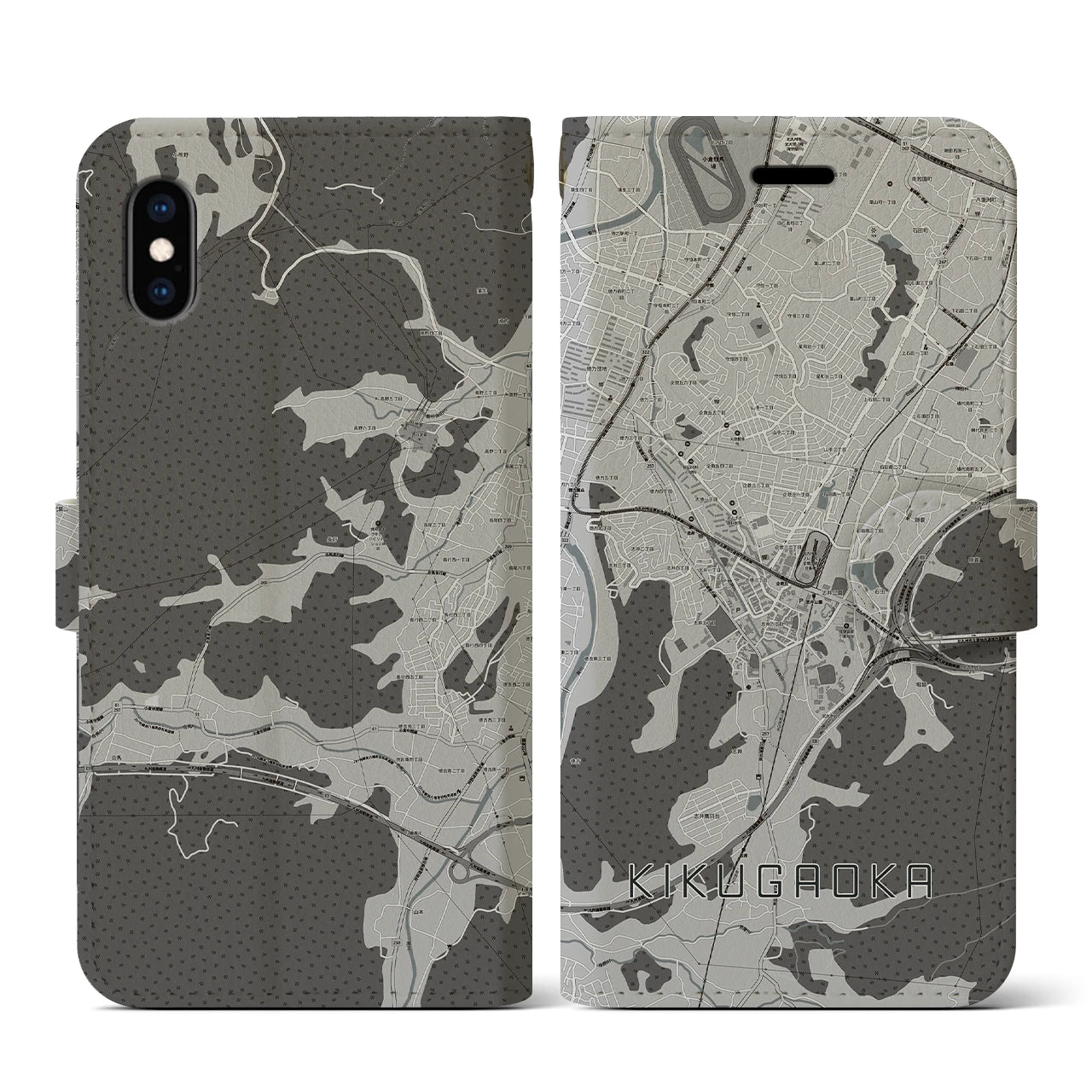 【企救丘(福岡県)】地図柄iPhoneケース(手帳タイプ)モノトーン・iPhone XS / X 用