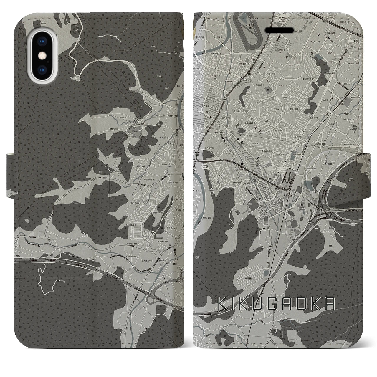 【企救丘(福岡県)】地図柄iPhoneケース(手帳タイプ)モノトーン・iPhone XS Max 用