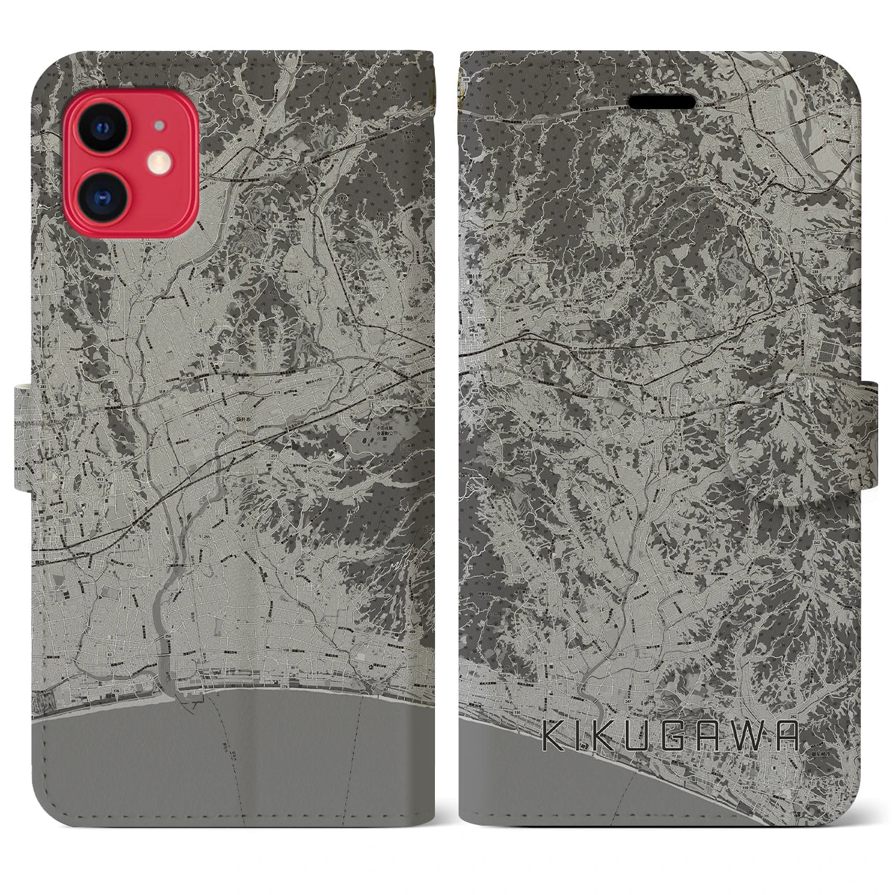 【菊川(静岡県)】地図柄iPhoneケース(手帳タイプ)モノトーン・iPhone 11 用
