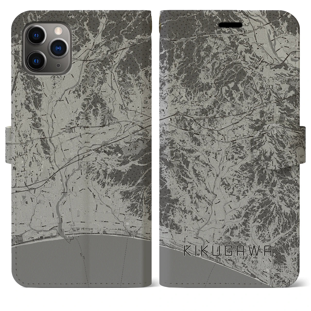 【菊川(静岡県)】地図柄iPhoneケース(手帳タイプ)モノトーン・iPhone 11 Pro Max 用