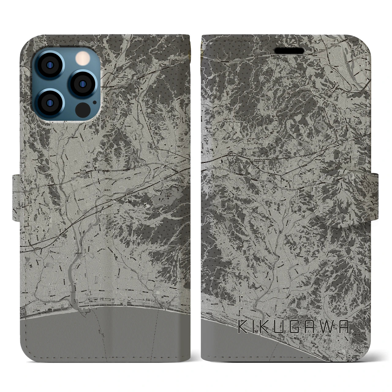 【菊川(静岡県)】地図柄iPhoneケース(手帳タイプ)モノトーン・iPhone 12 / 12 Pro 用