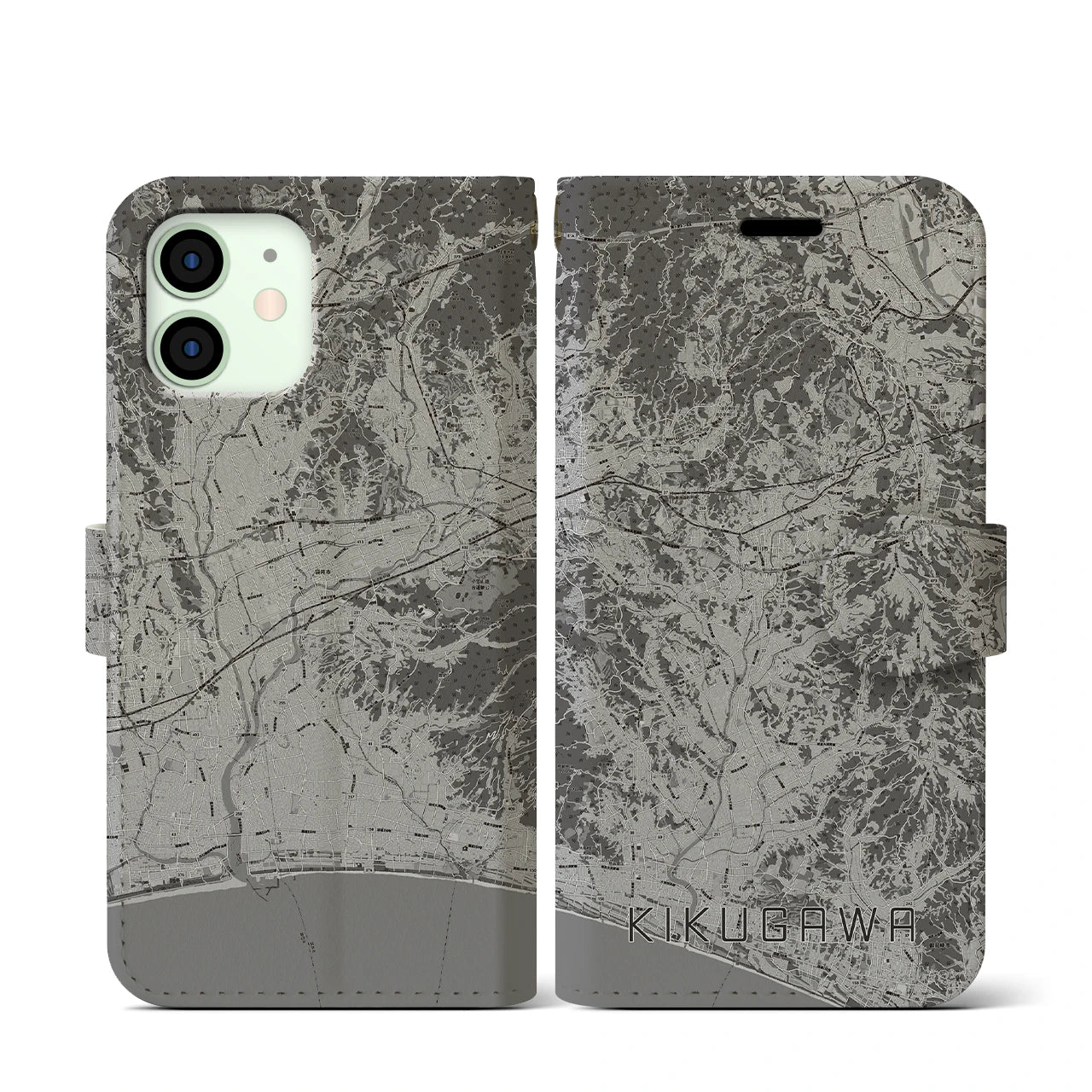 【菊川(静岡県)】地図柄iPhoneケース(手帳タイプ)モノトーン・iPhone 12 mini 用