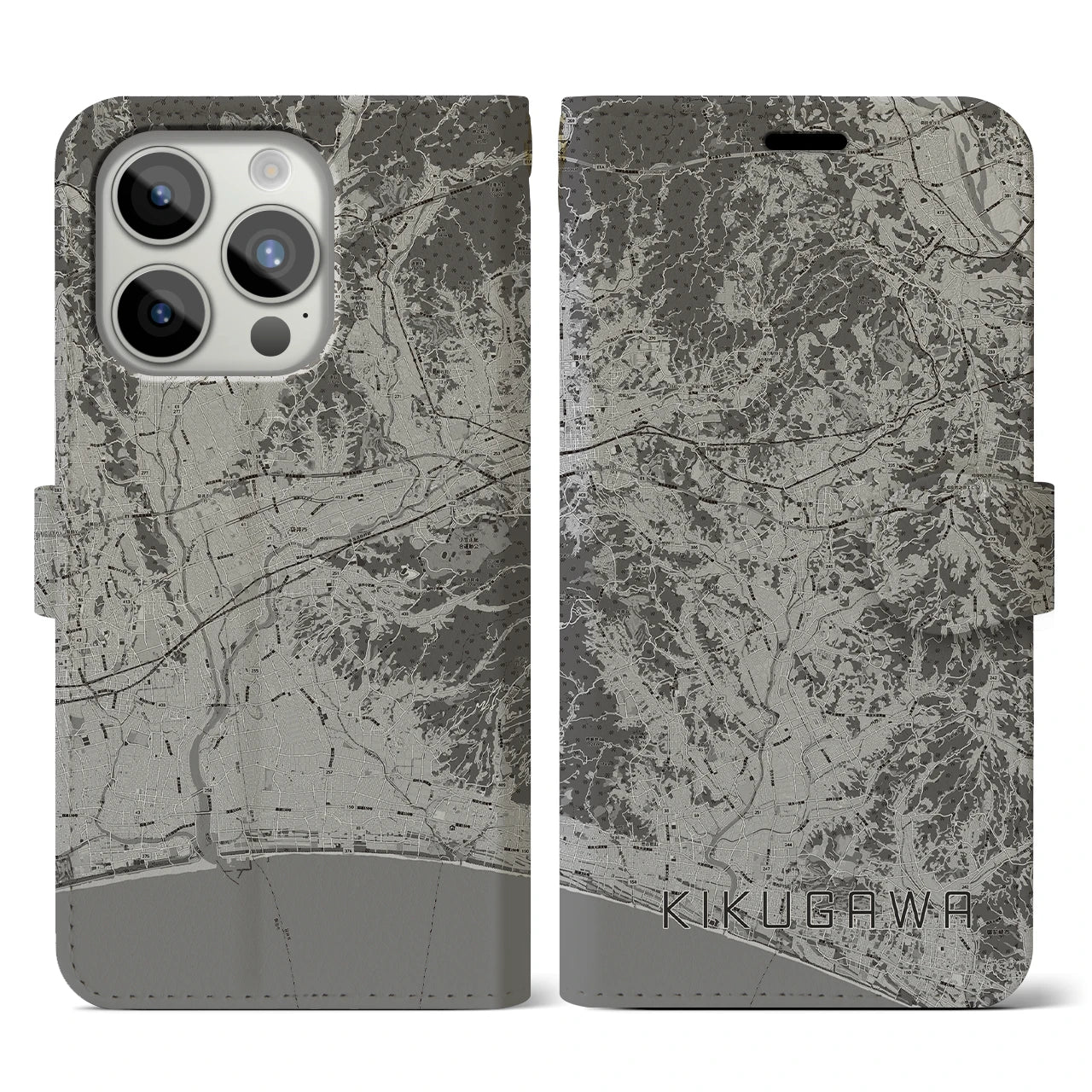 【菊川(静岡県)】地図柄iPhoneケース(手帳タイプ)モノトーン・iPhone 15 Pro 用