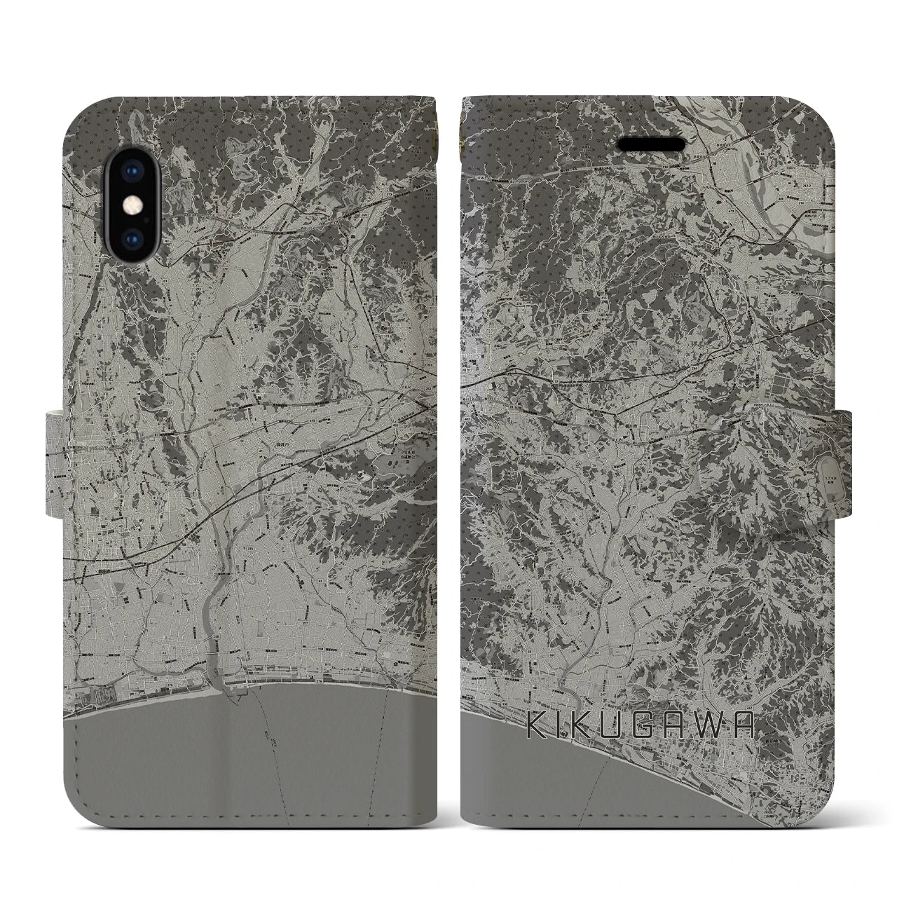 【菊川(静岡県)】地図柄iPhoneケース(手帳タイプ)モノトーン・iPhone XS / X 用