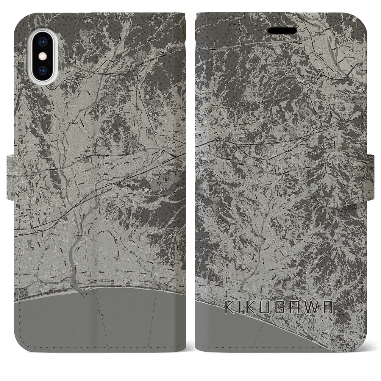 【菊川(静岡県)】地図柄iPhoneケース(手帳タイプ)モノトーン・iPhone XS Max 用
