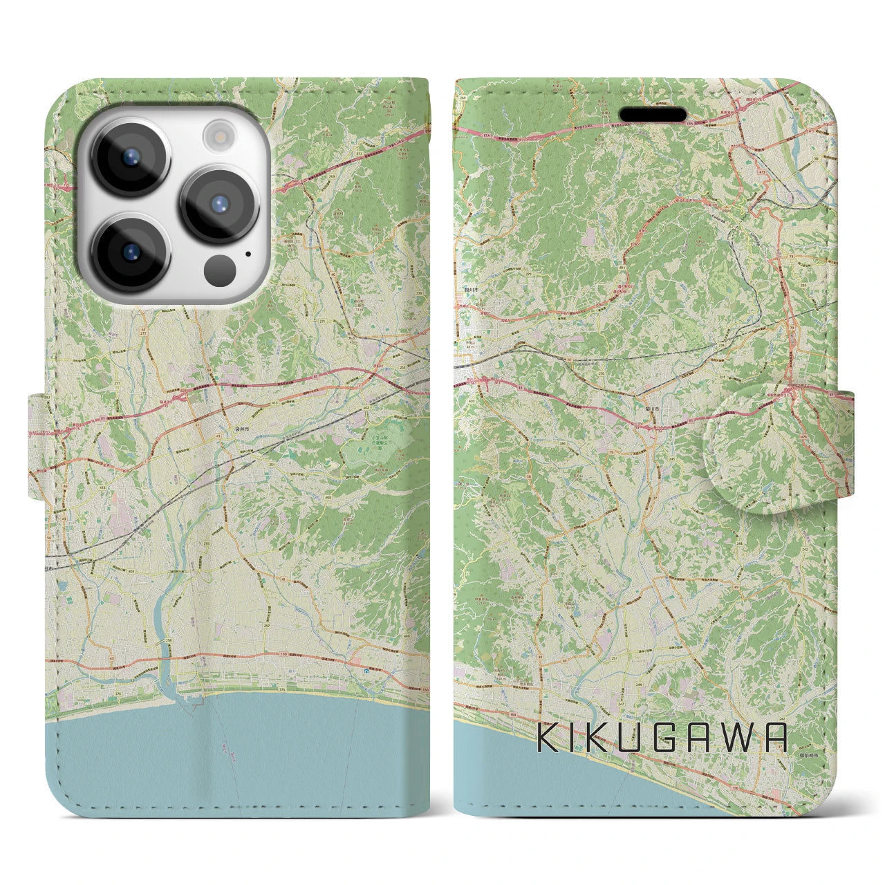 【菊川(静岡県)】地図柄iPhoneケース(手帳タイプ)ナチュラル・iPhone 14 Pro 用
