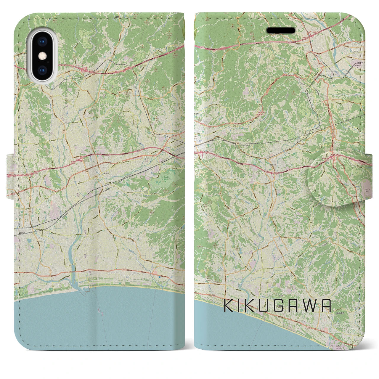 【菊川(静岡県)】地図柄iPhoneケース(手帳タイプ)ナチュラル・iPhone XS Max 用