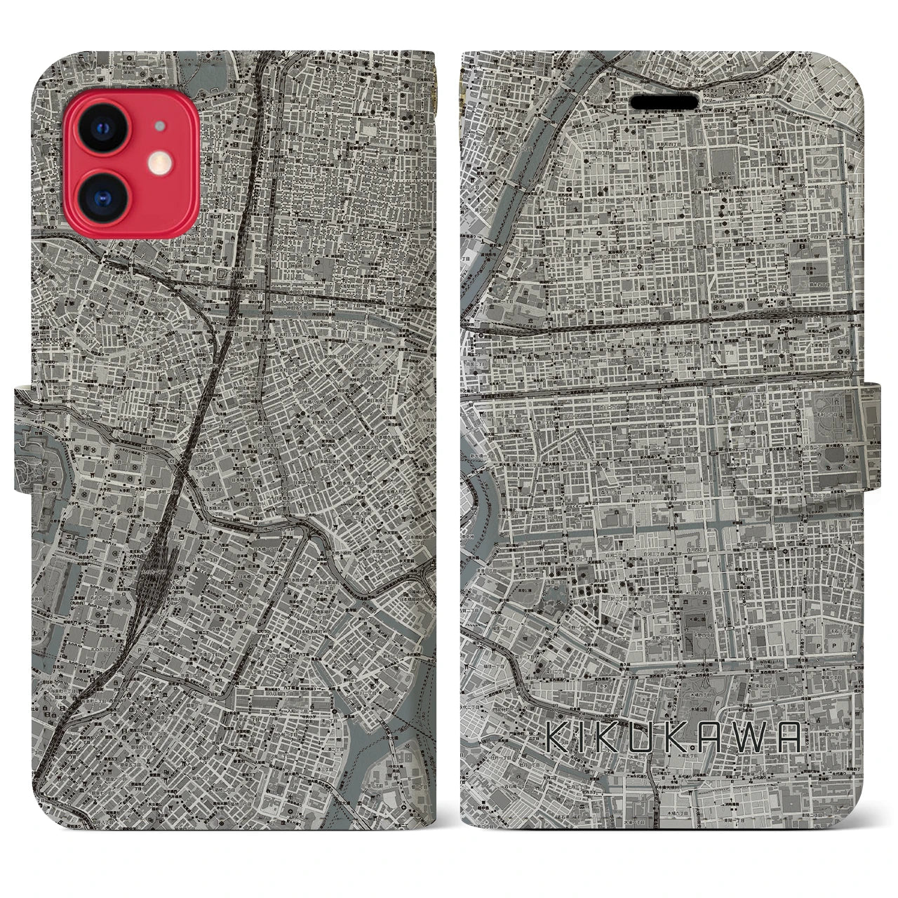 【菊川(東京都)】地図柄iPhoneケース(手帳タイプ)モノトーン・iPhone 11 用
