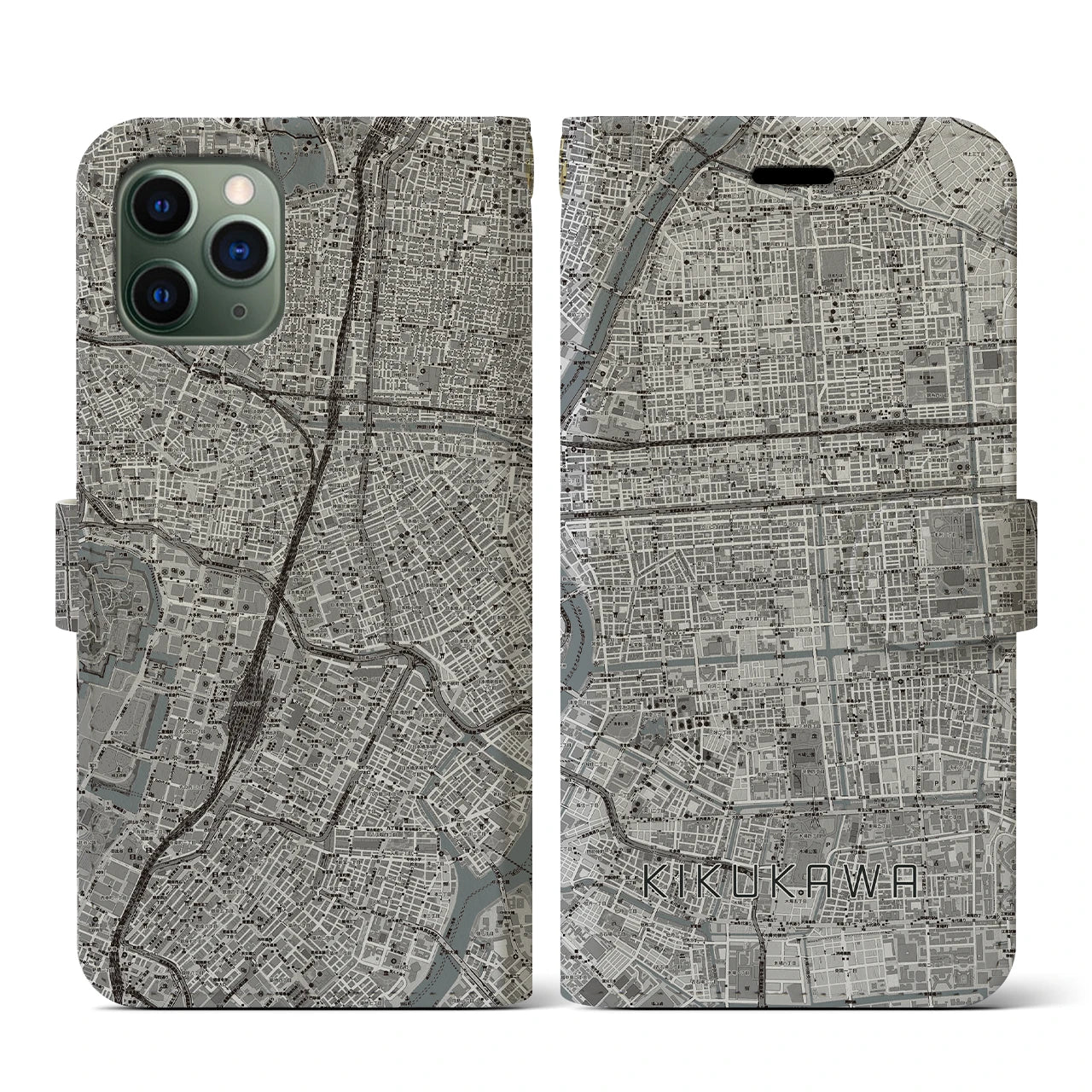 【菊川(東京都)】地図柄iPhoneケース(手帳タイプ)モノトーン・iPhone 11 Pro 用