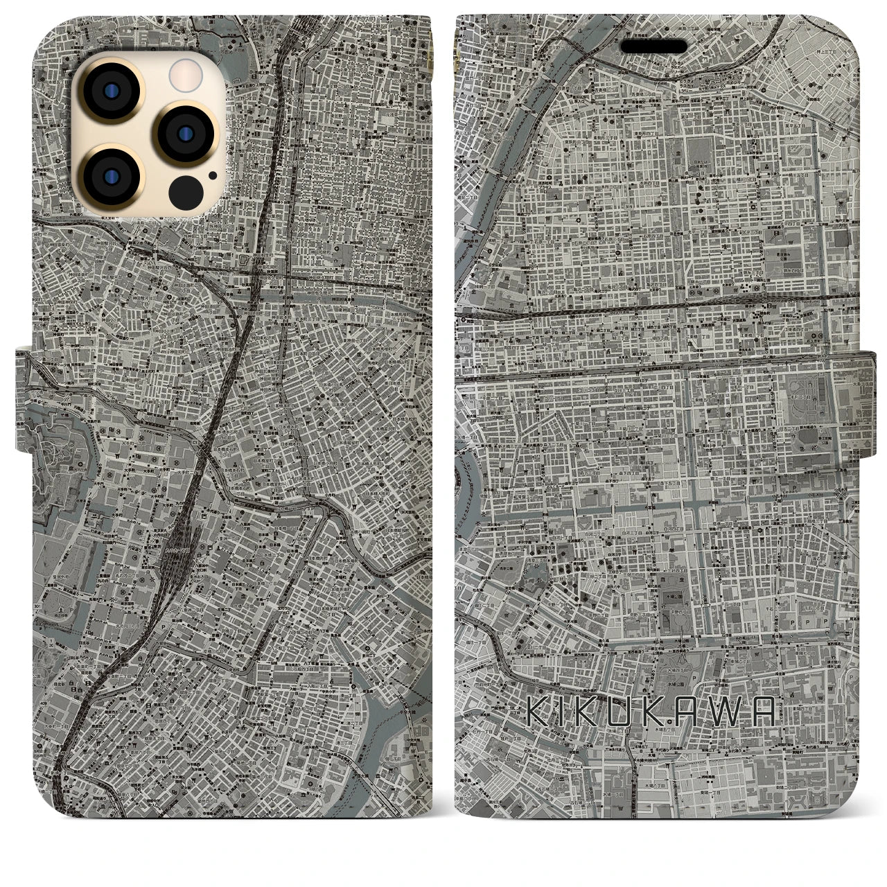【菊川(東京都)】地図柄iPhoneケース(手帳タイプ)モノトーン・iPhone 12 Pro Max 用