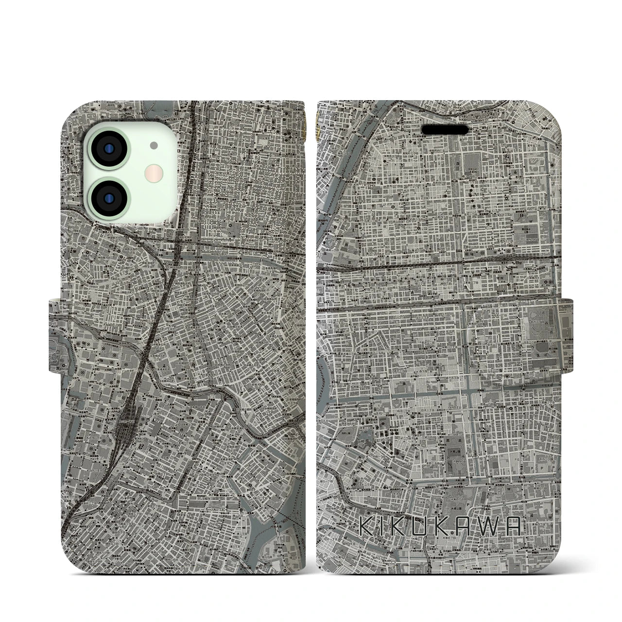 【菊川(東京都)】地図柄iPhoneケース(手帳タイプ)モノトーン・iPhone 12 mini 用