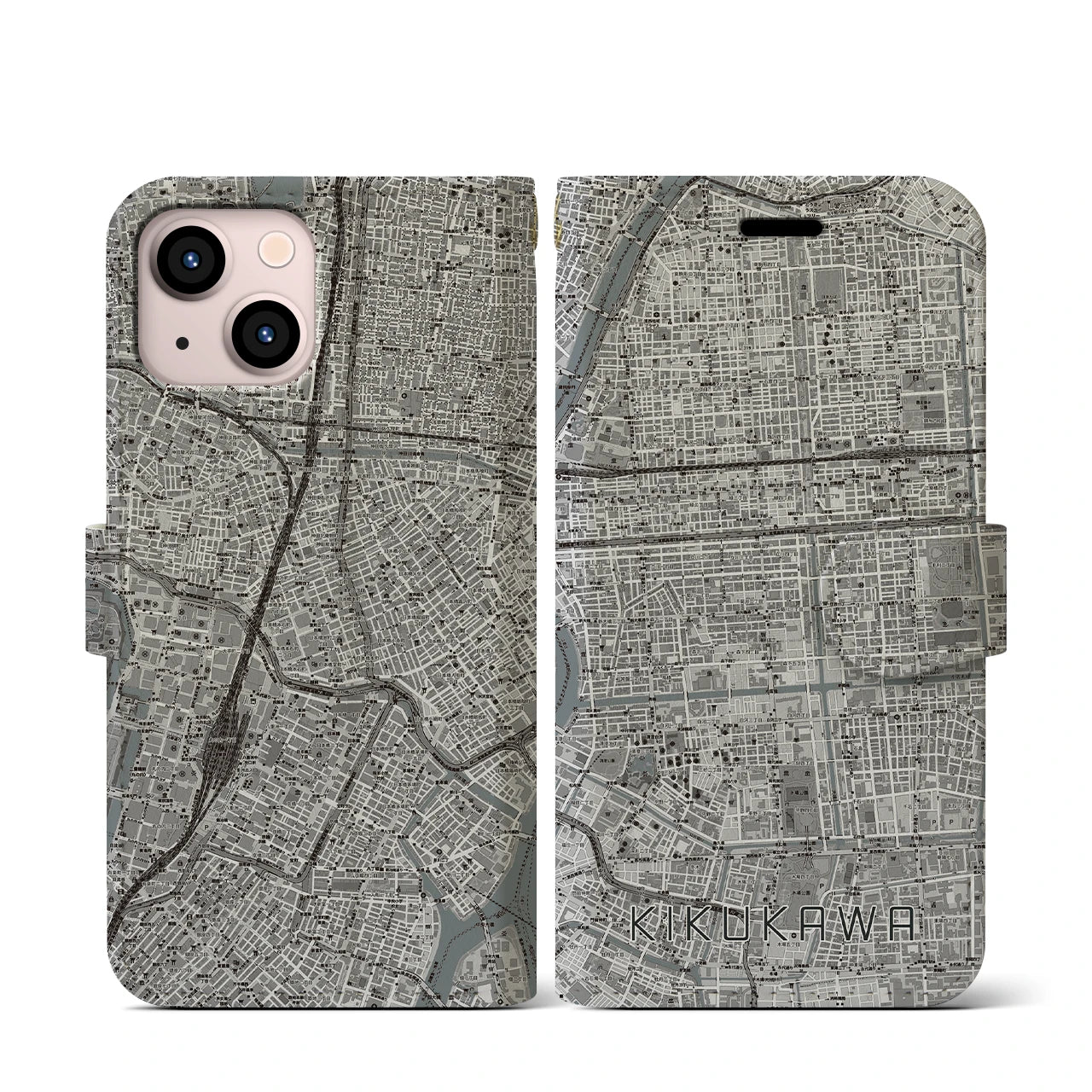 【菊川(東京都)】地図柄iPhoneケース(手帳タイプ)モノトーン・iPhone 13 mini 用