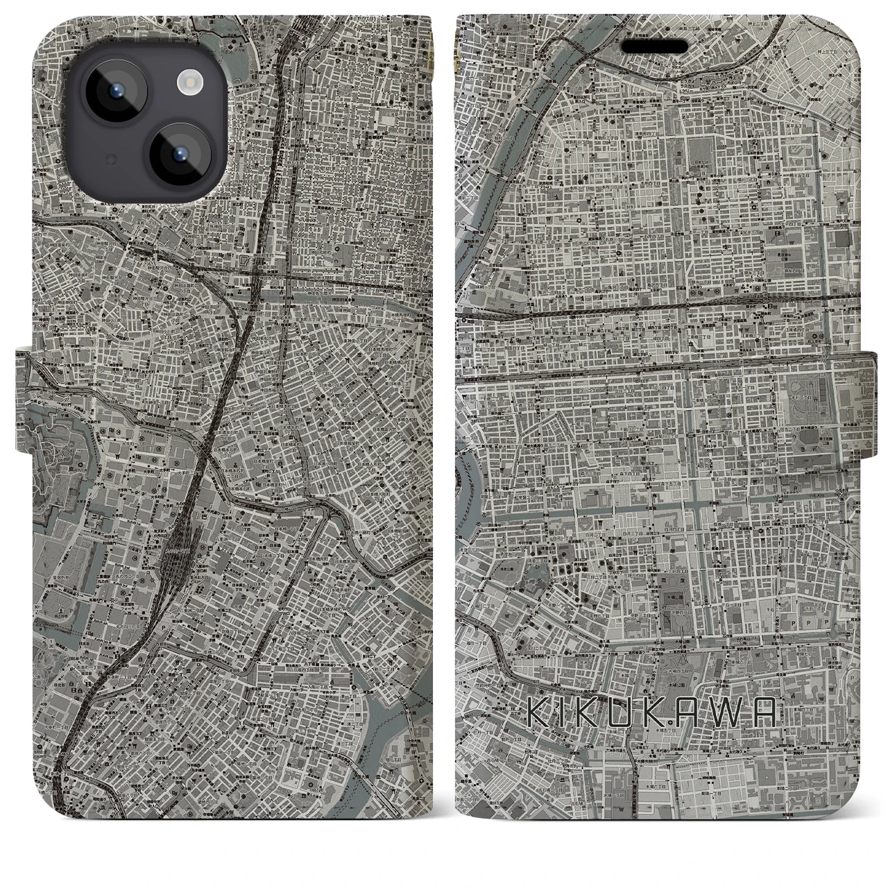 【菊川(東京都)】地図柄iPhoneケース(手帳タイプ)モノトーン・iPhone 14 Plus 用