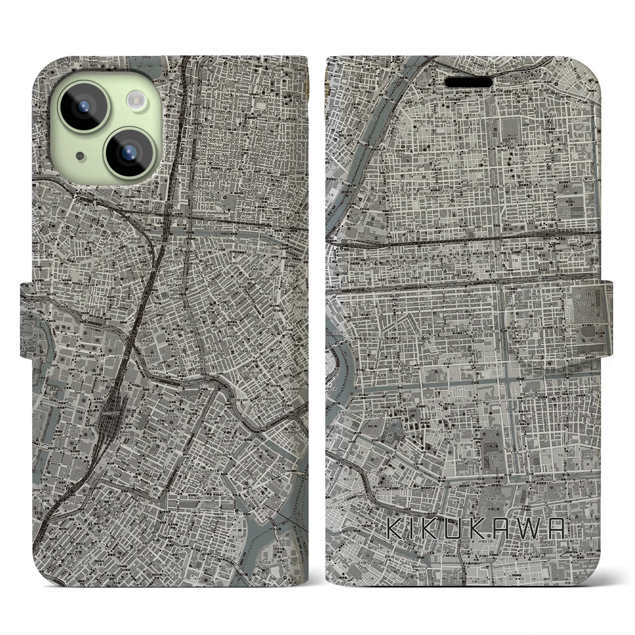 【菊川(東京都)】地図柄iPhoneケース(手帳タイプ)モノトーン・iPhone 15 用