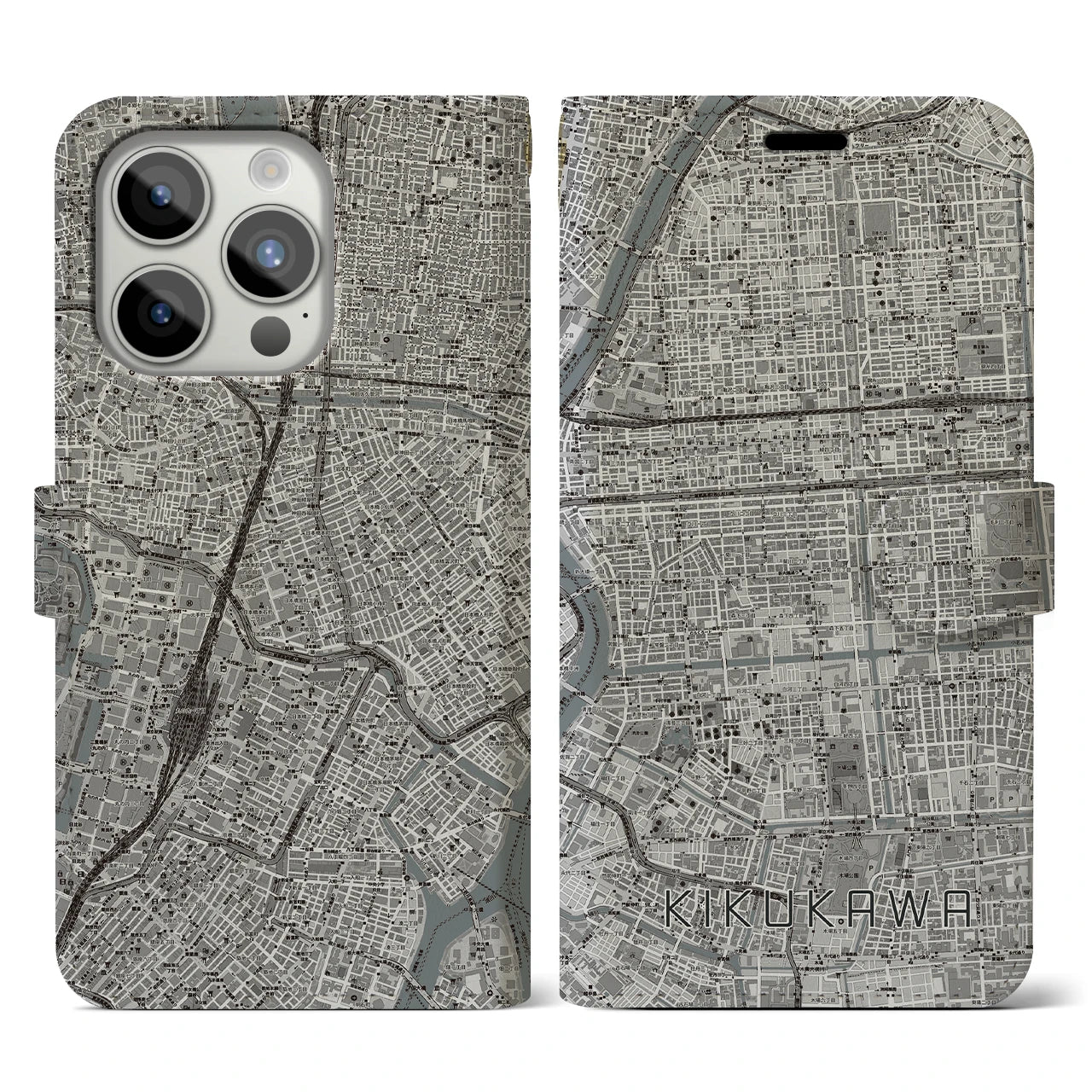 【菊川(東京都)】地図柄iPhoneケース(手帳タイプ)モノトーン・iPhone 15 Pro 用