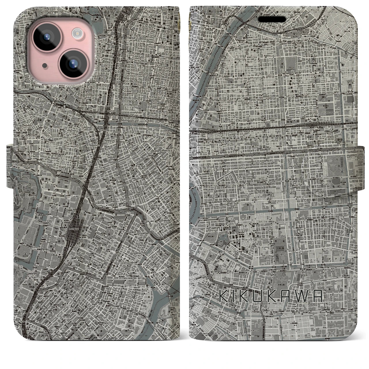 【菊川(東京都)】地図柄iPhoneケース(手帳タイプ)モノトーン・iPhone 15 Plus 用