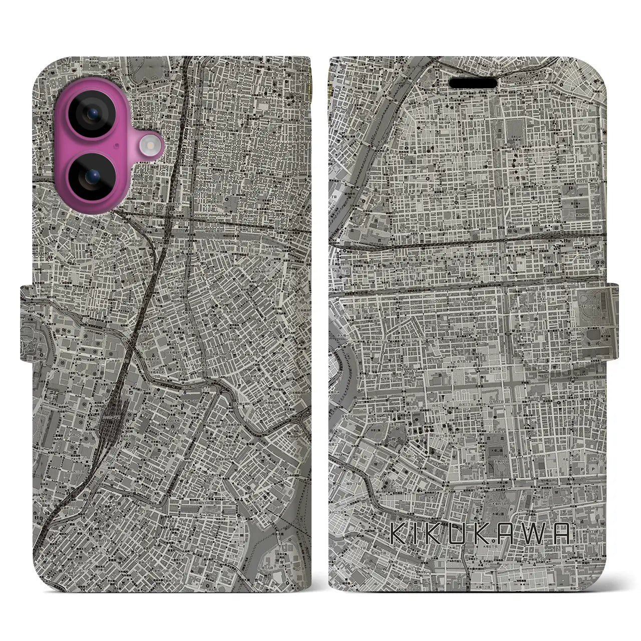【菊川(東京都)】地図柄iPhoneケース(手帳タイプ)モノトーン・iPhone 16 Pro 用