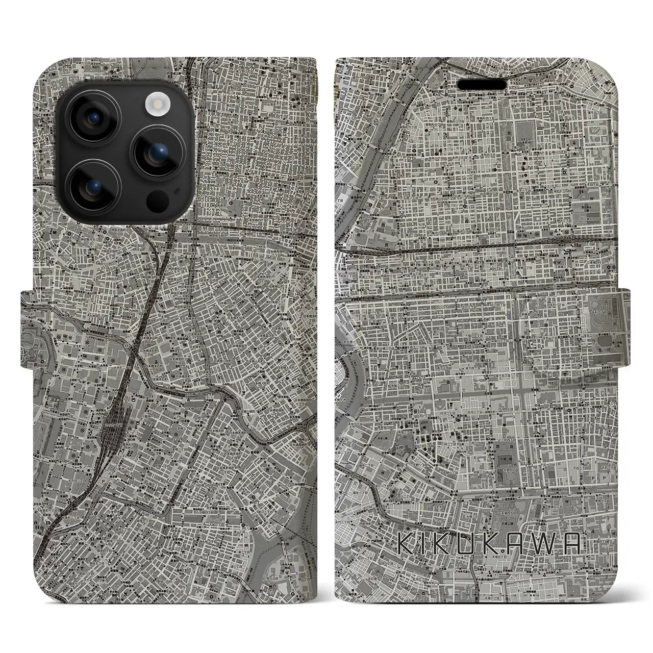 【菊川(東京都)】地図柄iPhoneケース(手帳タイプ)モノトーン・iPhone 16 用