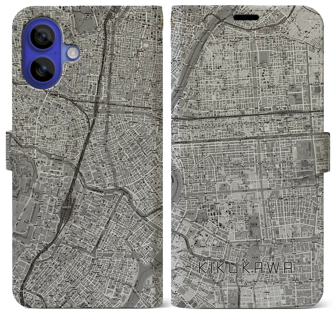 【菊川(東京都)】地図柄iPhoneケース(手帳タイプ)モノトーン・iPhone 16 Pro Max 用
