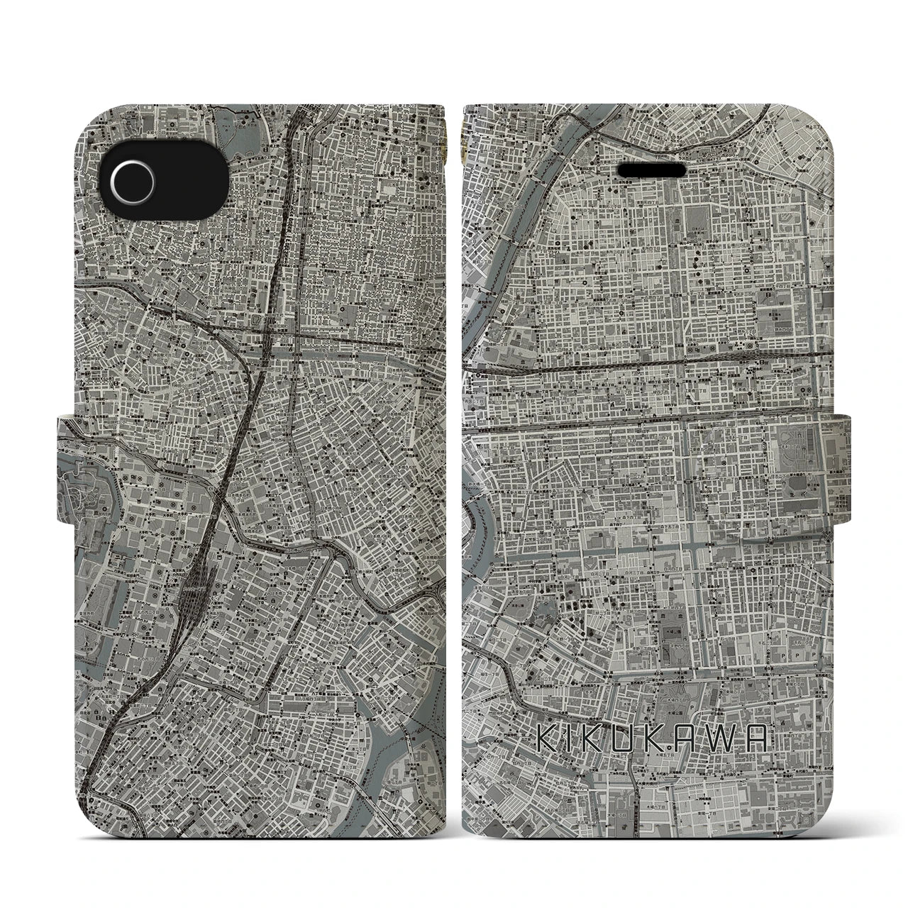 【菊川(東京都)】地図柄iPhoneケース(手帳タイプ)モノトーン・iPhone SE(第3 / 第2世代) / 8 / 7 / 6s / 6 用