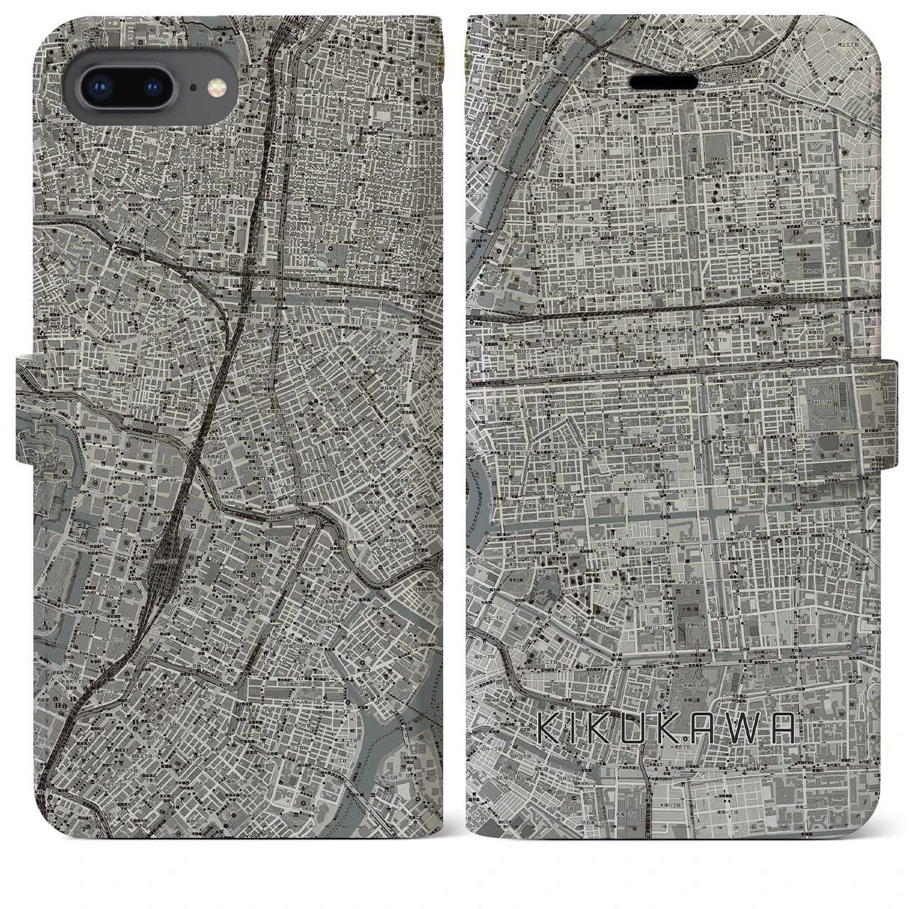 【菊川(東京都)】地図柄iPhoneケース(手帳タイプ)モノトーン・iPhone 8Plus /7Plus / 6sPlus / 6Plus 用