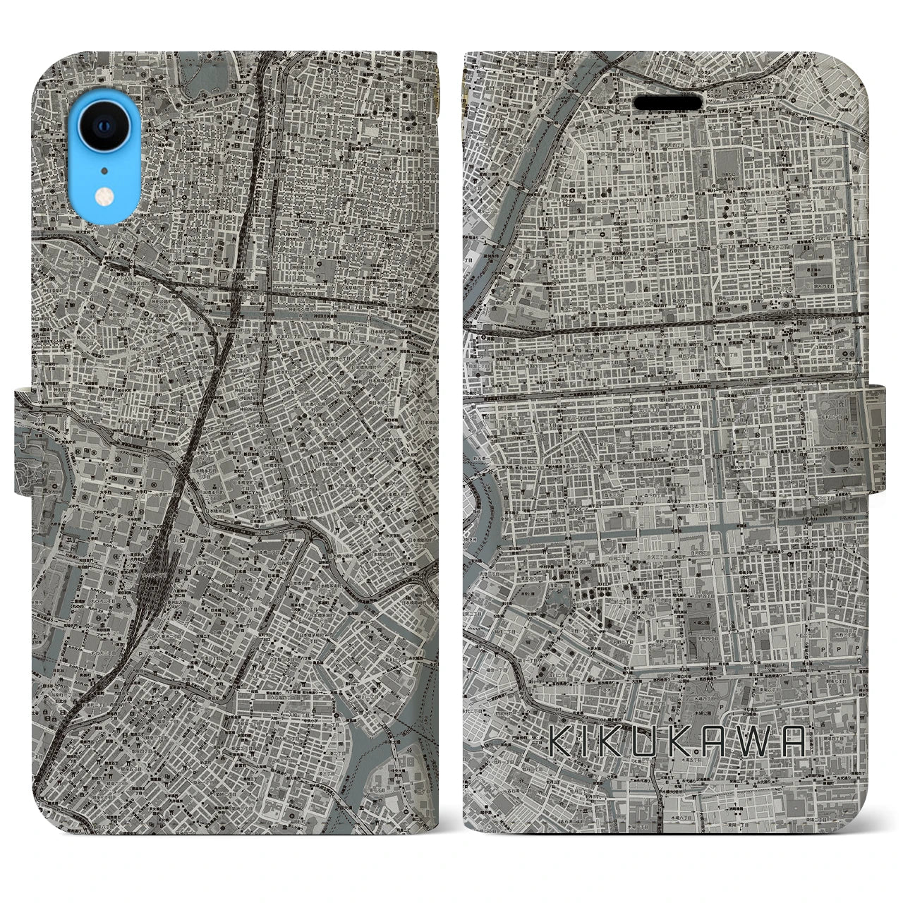 【菊川(東京都)】地図柄iPhoneケース(手帳タイプ)モノトーン・iPhone XR 用
