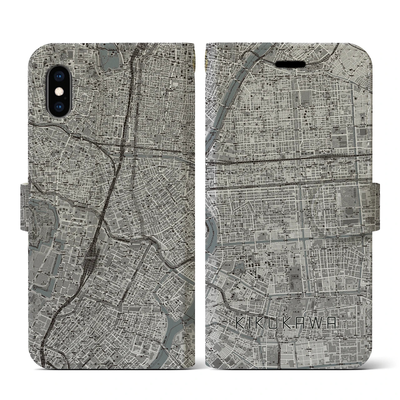 【菊川(東京都)】地図柄iPhoneケース(手帳タイプ)モノトーン・iPhone XS / X 用