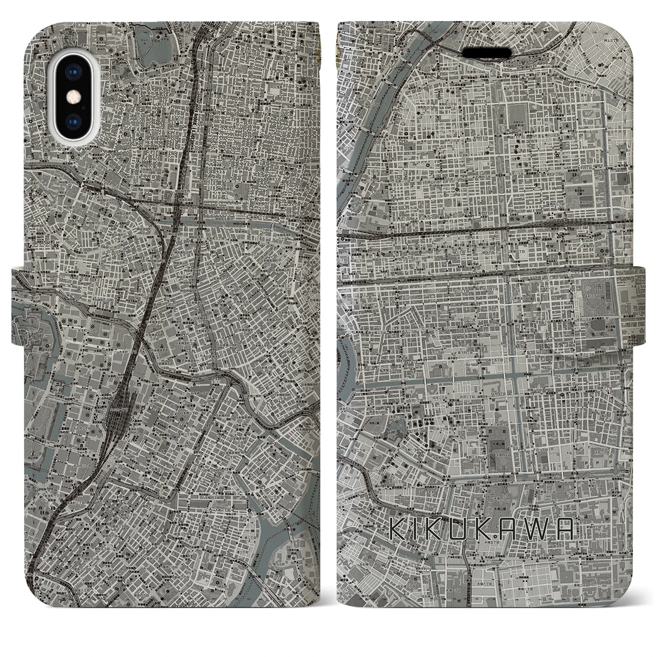 【菊川(東京都)】地図柄iPhoneケース(手帳タイプ)モノトーン・iPhone XS Max 用