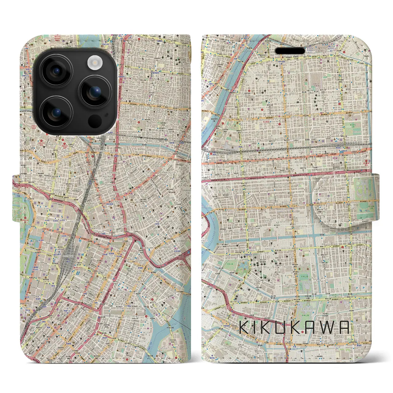 【菊川(東京都)】地図柄iPhoneケース(手帳タイプ)ナチュラル・iPhone 16 用
