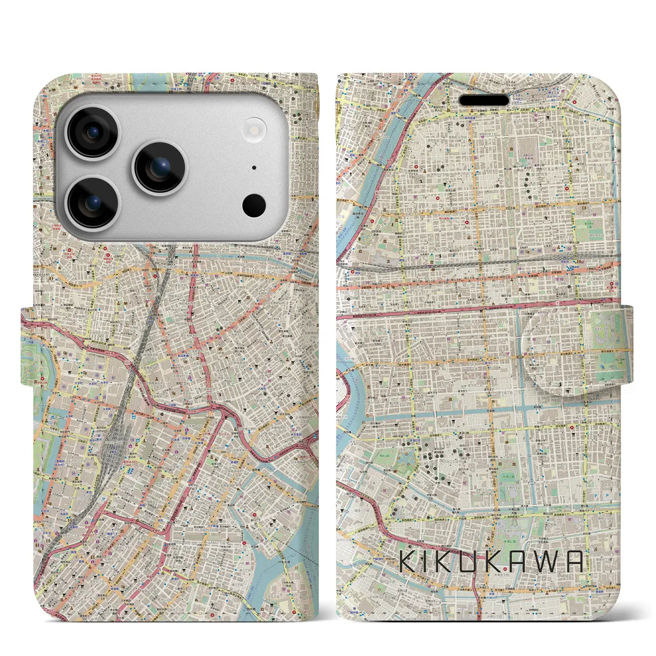 【菊川(東京都)】地図柄iPhoneケース(手帳タイプ)ナチュラル・iPhone 17 Pro Max 用