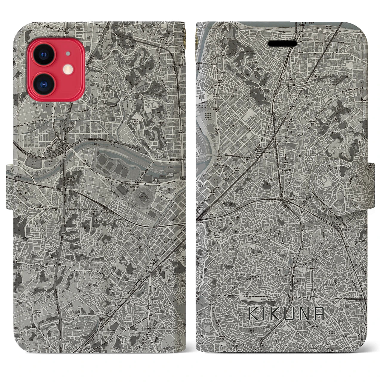 【菊名(神奈川県)】地図柄iPhoneケース(手帳タイプ)モノトーン・iPhone 11 用