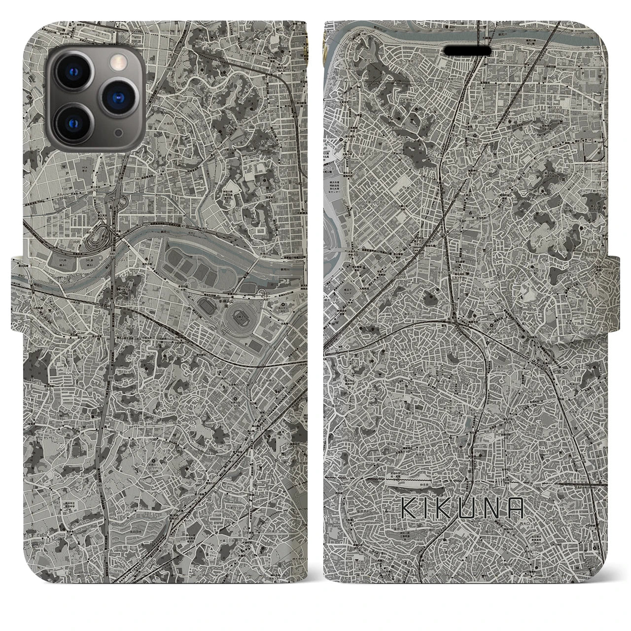 【菊名(神奈川県)】地図柄iPhoneケース(手帳タイプ)モノトーン・iPhone 11 Pro Max 用