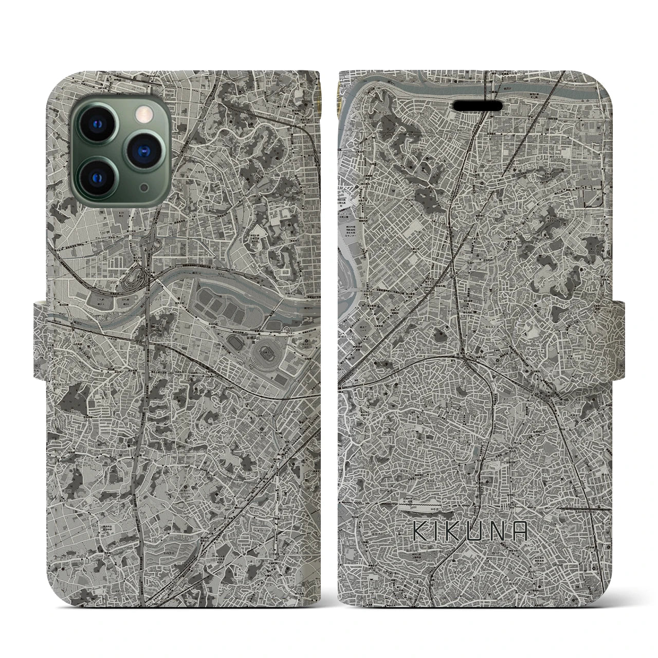 【菊名(神奈川県)】地図柄iPhoneケース(手帳タイプ)モノトーン・iPhone 11 Pro 用