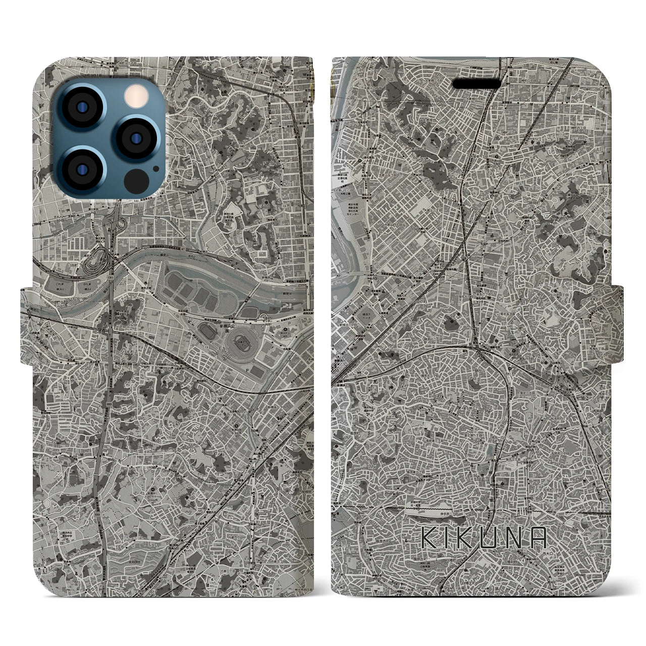 【菊名(神奈川県)】地図柄iPhoneケース(手帳タイプ)モノトーン・iPhone 12 / 12 Pro 用