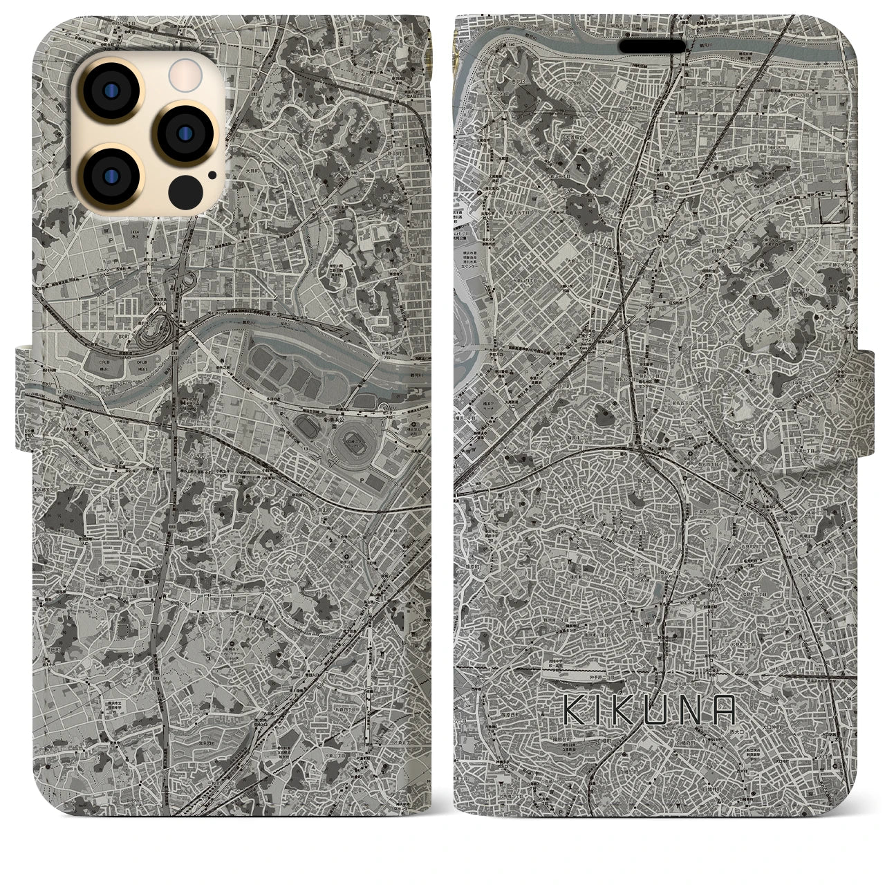 【菊名(神奈川県)】地図柄iPhoneケース(手帳タイプ)モノトーン・iPhone 12 Pro Max 用