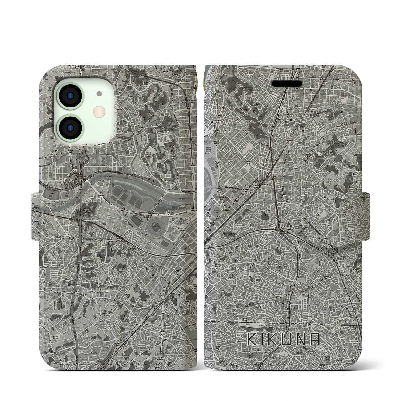 【菊名(神奈川県)】地図柄iPhoneケース(手帳タイプ)モノトーン・iPhone 12 mini 用