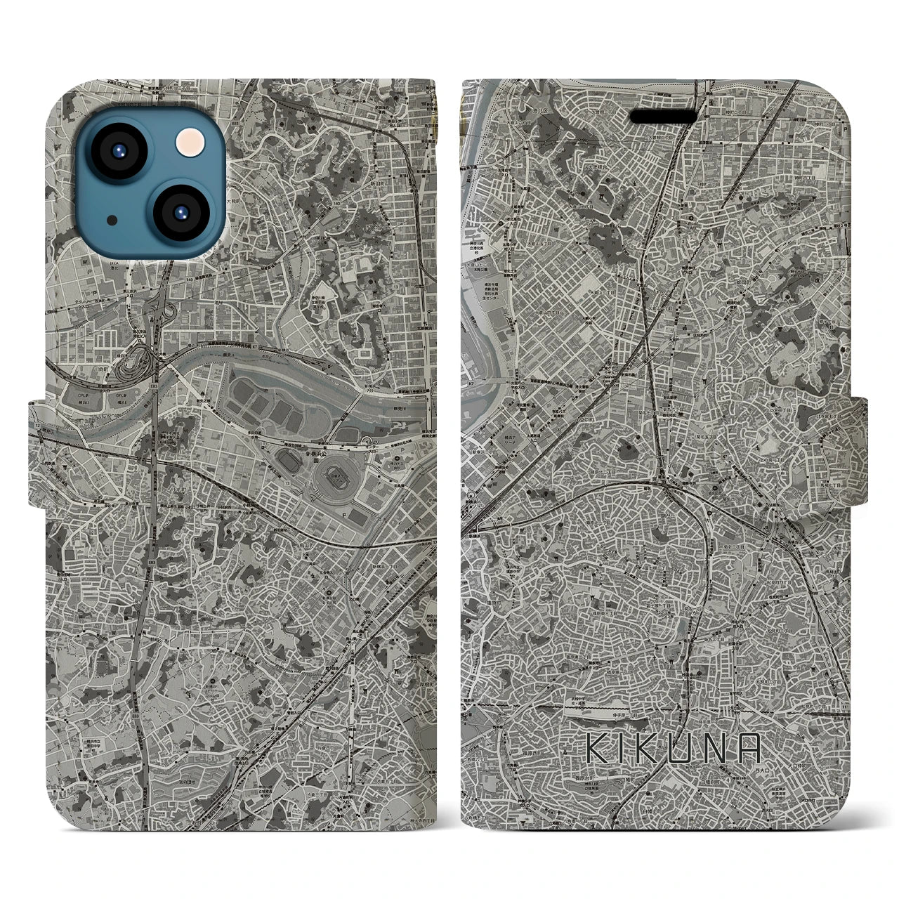 【菊名(神奈川県)】地図柄iPhoneケース(手帳タイプ)モノトーン・iPhone 13 用