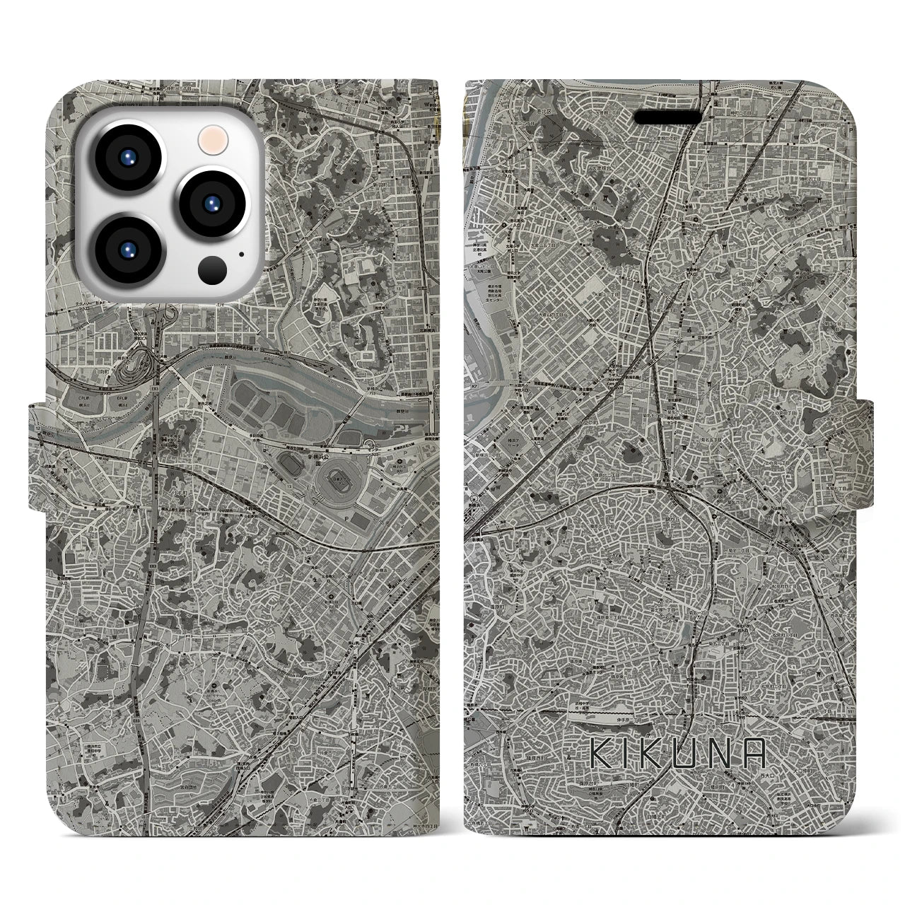【菊名(神奈川県)】地図柄iPhoneケース(手帳タイプ)モノトーン・iPhone 13 Pro 用