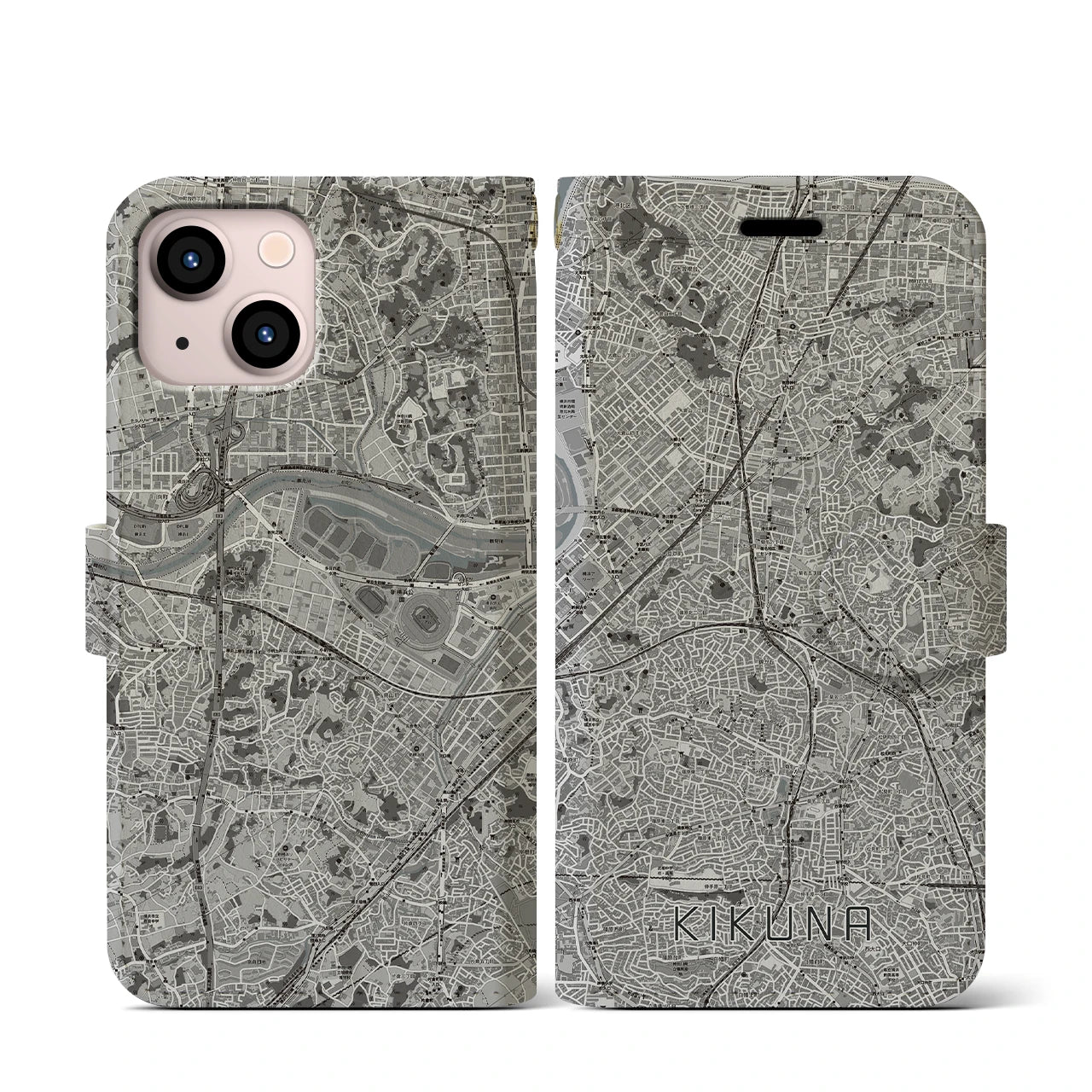 【菊名(神奈川県)】地図柄iPhoneケース(手帳タイプ)モノトーン・iPhone 13 mini 用