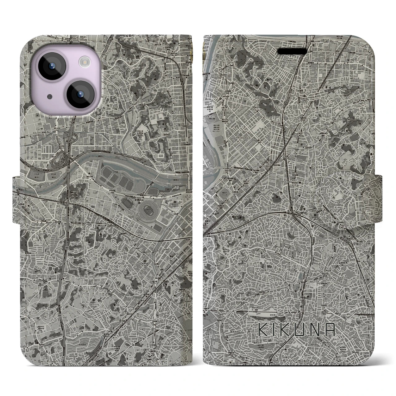 【菊名(神奈川県)】地図柄iPhoneケース(手帳タイプ)モノトーン・iPhone 14 用
